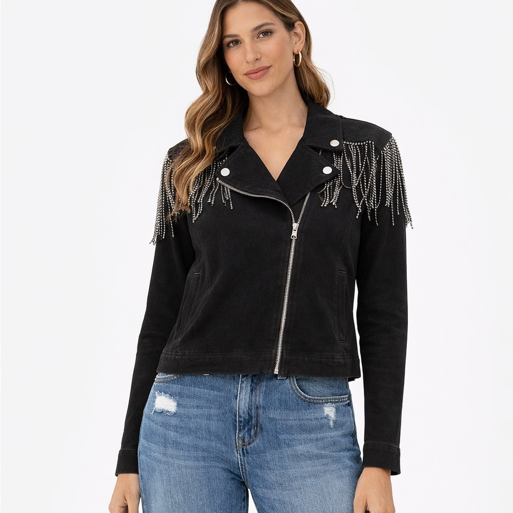Free the Roses Size Small Black & Silver Metallic Fringe‎ Jean Jacket